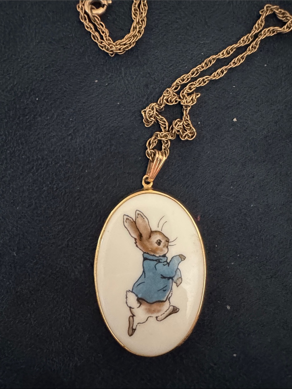 Wedgwood Vintage Bunny Pendant Necklace in Gold with Blue Detail- Peter Rabbit